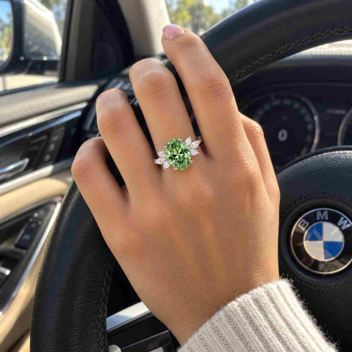 2ct Oval Lab Diamond Engagement Ring, Marquise Side Stones, Floral Three Stone Ring