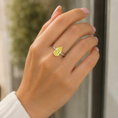 2ct Pear Cut Vivid Yellow Diamond Ring | Bezel Setting Solitaire | Lab Grown IGI Certified | Gold Engagement Ring | Unique Teardrop