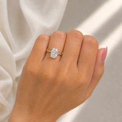 3.00Ct Elongated Cushion Cut Lab-Grown Diamond Engagement Ring, Hidden-Halo & Cathedral, 14k Solid-Gold