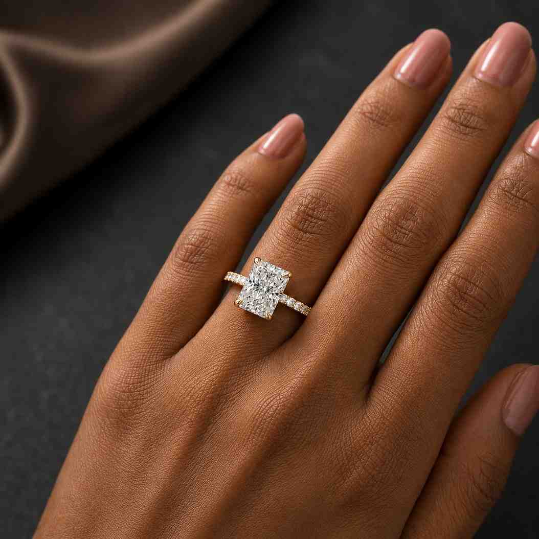 3.00ct radiant cut lab grown diamond or moissanite engagement ring, hidden-halo, pavé-band, 14k-gold