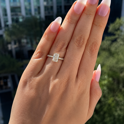 3.00Ct Radiant Cut Lab Grown Diamond or Moissanite Engagement Ring, Hidden-Halo, Pavé-Band, 14k-Gold