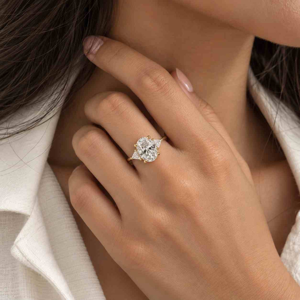3.00 ctw oval cut three stone diamond engagement ring, 2 ct oval center diamond, oval trilogy bridal ring
