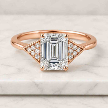 3.00 Carat Emerald Cut Lab Diamond Engagement Ring - Cluster Setting in 14k gold
