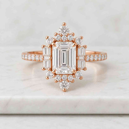 3.25 Carat E color VVS2 Clarity Elongated Radiant Cut Lab Grown Hidden Halo Diamond Engagement Ring 14k White Gold
