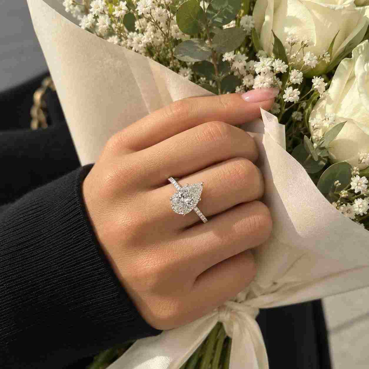 3.44 carat pear lab grown diamond engagement ring: 10k 14k 18k gold pave band