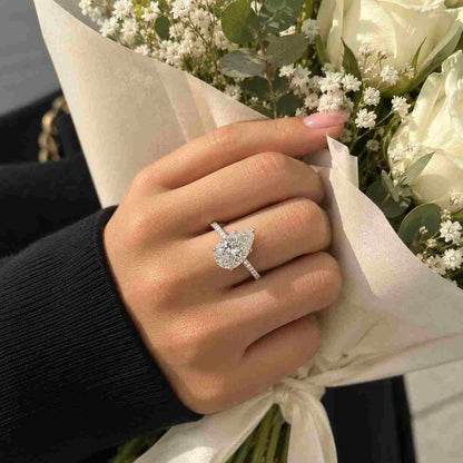 3.44 Carat Pear Lab Grown Diamond Engagement Ring: 10k 14k 18k Gold Pave Band