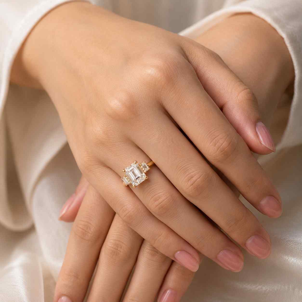 3.50 Carat IGI Certified Color VVS1 Clarity Emerald Cut Three Stone Lab Grown Diamond Engagement Ring, Side Pear 14k Yellow Gold