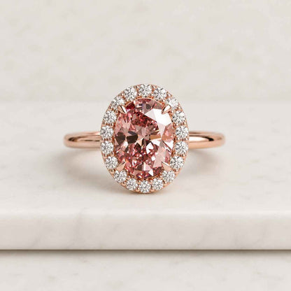 3.5CT Pink Oval Diamond Starburst Halo Ring, Two Tone Art Deco Band, Anniversary gift.
