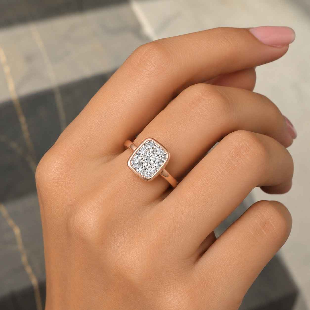 3.5 Carat E, VVS2 lab grown Cushion Cut engagement ring ,14K Solid Gold IGI Certified Bezel setting Cushion Diamond Ring