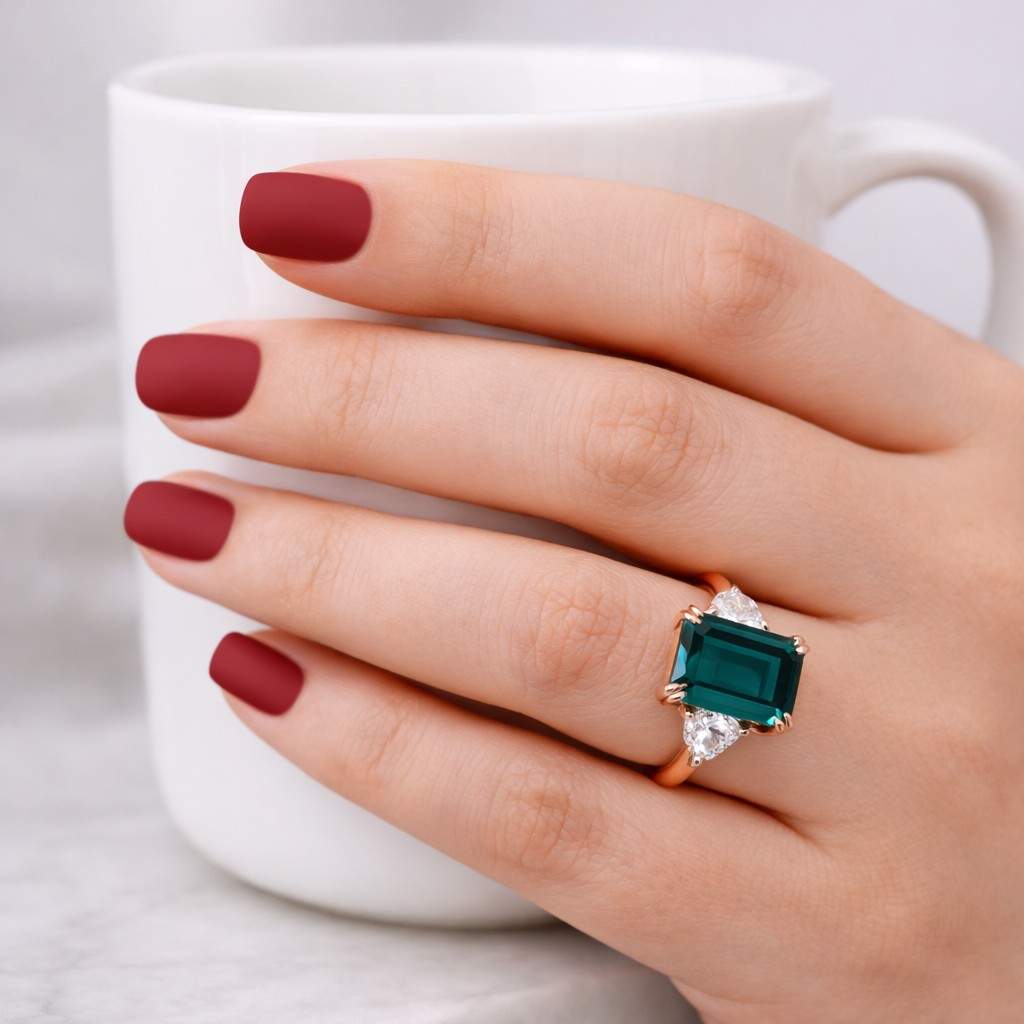Emerald Trillion Side Stone Engagement Ring Green Emerald Cut Ring 14k Gold Promise Bridal Ring Anniversary Gift for her

