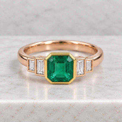 3.5 Carat Emerald Cut Lab-Grown Diamond Three-Stone Ring, 14K Yellow Gold Tapered Baguette Side Diamond Engagement Ring, IGI Certified.
