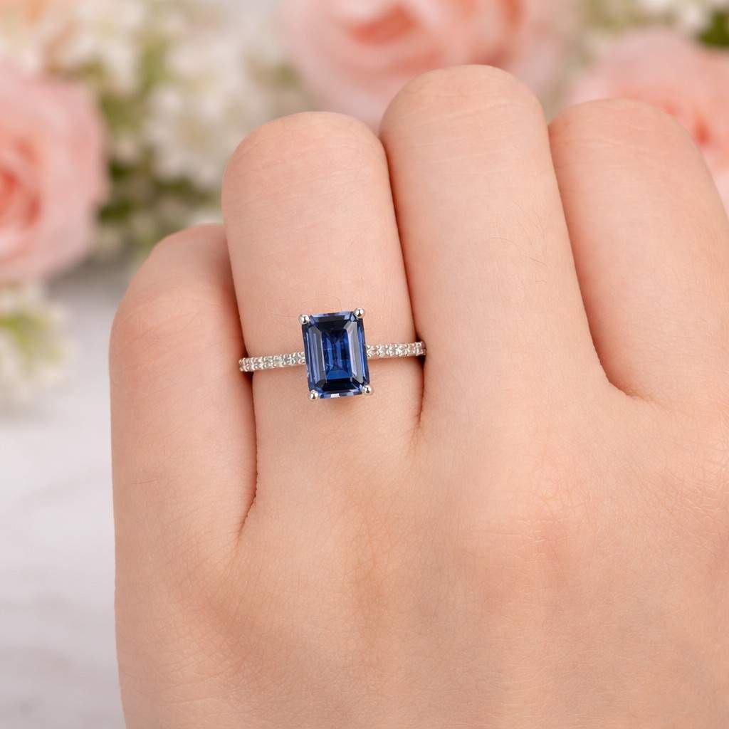 halo emerald cut sapphire engagement ring, 2 carats 6*8 mm rectangular cut royal blue genuine lab created sapphire ring september birthstone
