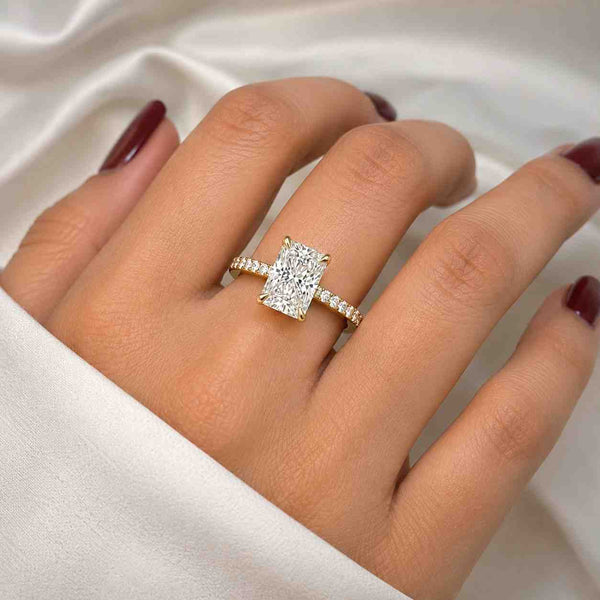 3.85 CT Radiant Cut Lab Grown Diamond Ring | Hidden Halo Engagement Ring | Pave Diamond Band Solitaire Ring | Luxury Bridal Ring
