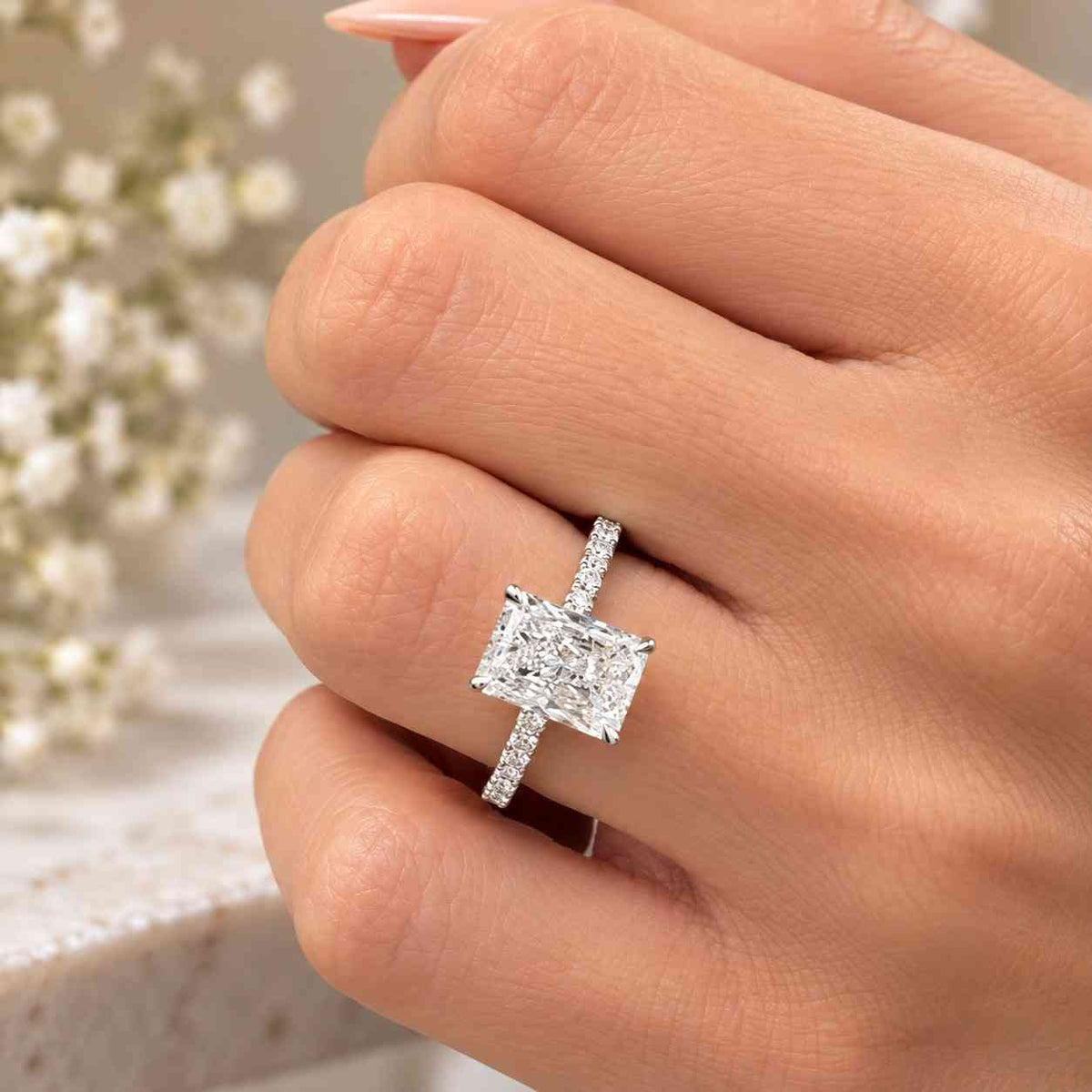 radiant cut lab-grown diamond pave set engagement ring