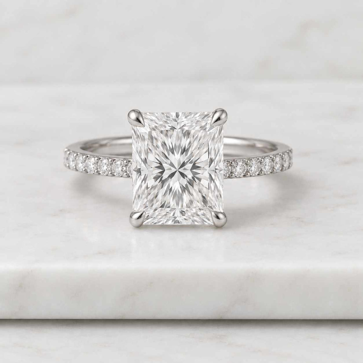 3ct radiant cut lab grown cluster diamond ring, 18k yellow gold engagement ring, round side stones, claw prong igi certified proposal ring
