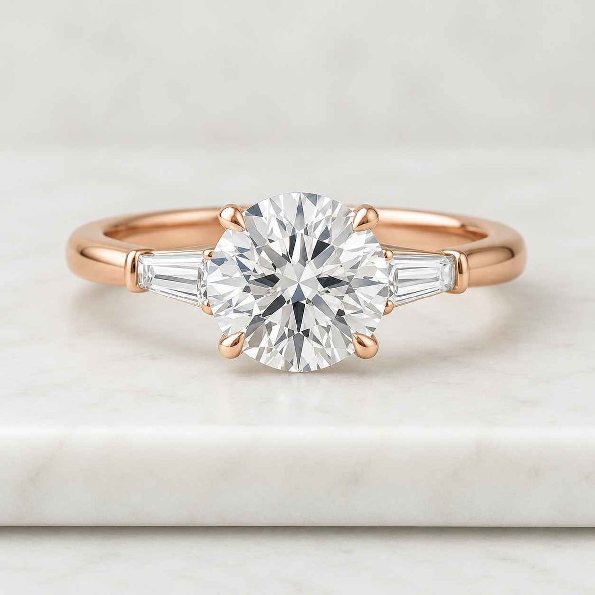 3CT Round Lab Grown Diamond Engagement Ring Baguette Side Stone Gold Wedding Anniversary Gift