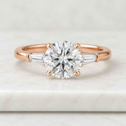 3CT Round Lab Grown Diamond Engagement Ring Baguette Side Stone Gold Wedding Anniversary Gift