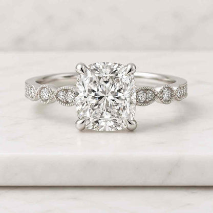 3 CT Elongated Cushion Cut Three Stone Engagement Ring, Cushion Cut Three Stone Wedding Ring, Side Accent Round Cut 14K Solid Gold Rings
