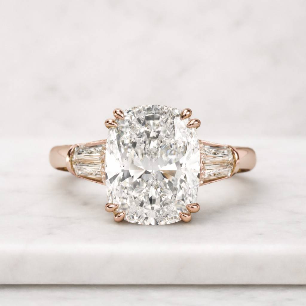 3 ct elongated cushion lab grown diamond ring: 14k gold cathedral engagement ring
