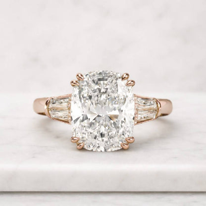 3 CT Elongated Cushion Lab Grown Diamond Ring: 14K Gold Cathedral Engagement Ring
