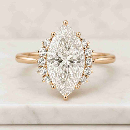 3 CT Marquise Lab Grown Diamond Ring | Hidden Halo Engagement Ring | Vintage Floral Engraved Band | Cathedral Gold Ring
