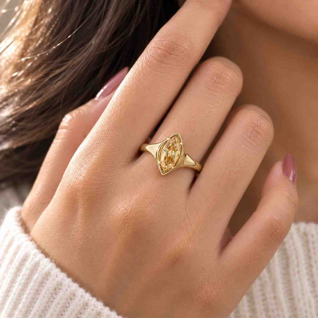 3 ct marquise moissanite engagement ring, yellow gold solitaire with champagne stone
