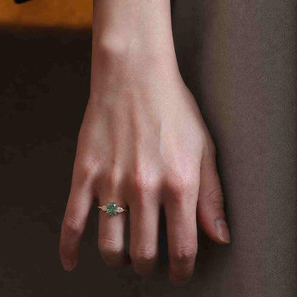 3 CT Oval Fancy Vivid Green Lab Grown Diamond Three Stone Engagement Ring, Pear Side Stones, 14K Yellow Gold, IGI Certified
