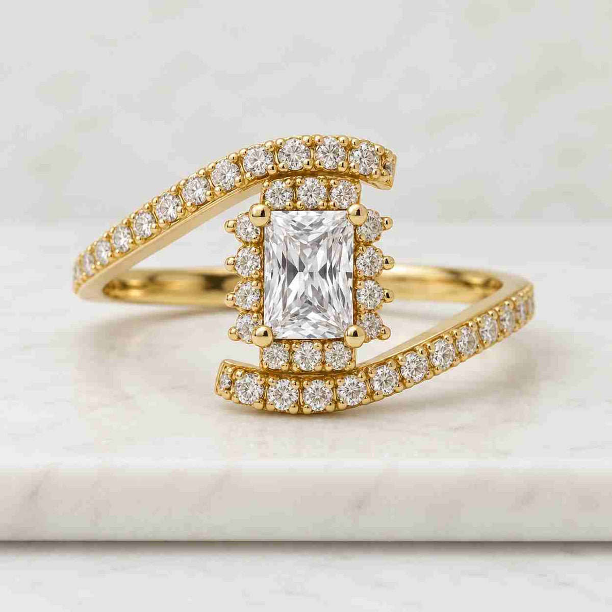 3 ct radiant cut lab grown diamond hidden halo engagement ring, crushed ice pave band, 14k white gold, igi certified proposal
