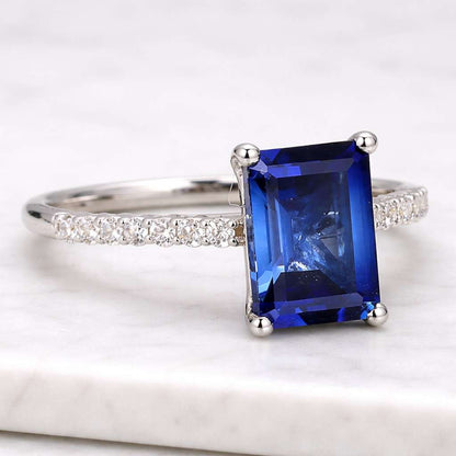 Emerald Cut Lab Blue Sapphire Ring, 14k Rose Gold Proposal Ring
