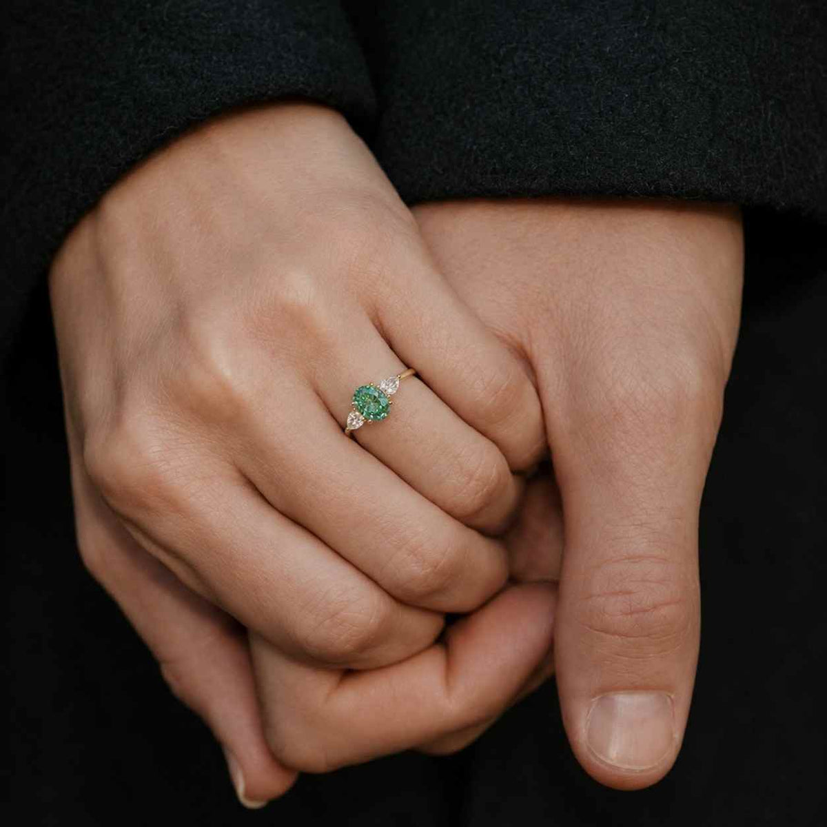 3 Carat Fancy Vivid Green Oval Lab Grown Diamond Three Stone Engagement Ring, Heart Side Stones, IGI Certified, 14k Yellow Gold Anniversary
