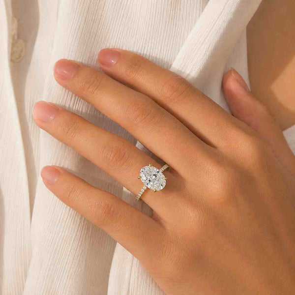 3 Carat Green Oval Cut Lab Grown Diamond Engagement Ring, 14K Gold Green Oval Diamond Ring, Round Diamond Hidden Halo Accent Ring For Gifts
