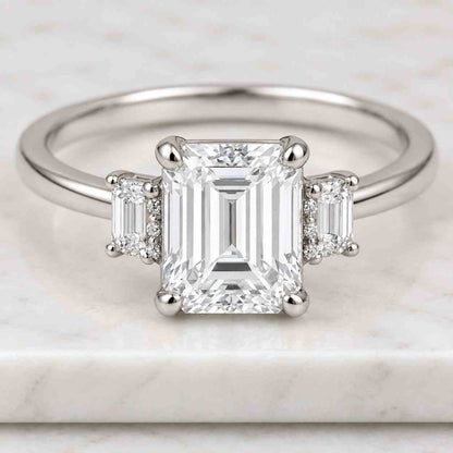 3 Carat IGI Certified E Color VVS1 Clarity Emerald Cut Lab Grown Diamond Three Stone Engagement Ring, Side Baguettes 14k White Gold