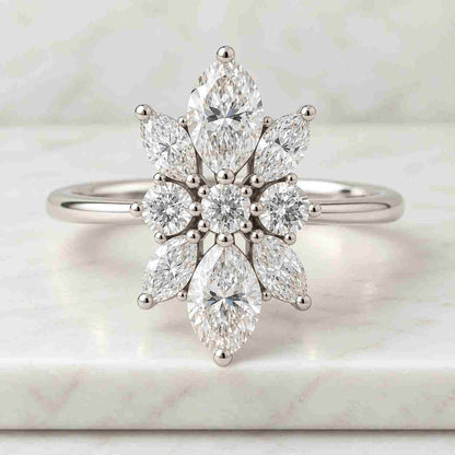3 Carat Marquise Lab Grown Diamond Cluster Engagement Ring, 14K Yellow Gold Modern Statement