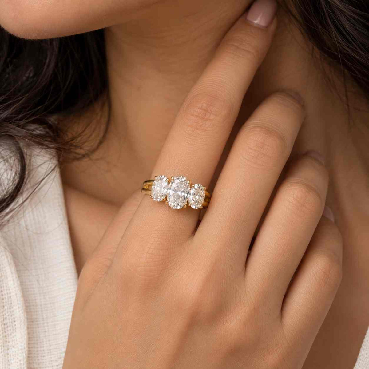 3 Carat Moval Cut Lab Grown Diamond Three Stone Engagement Ring with Half Moon Sides, 14K Yellow Gold Bezel Set, IGI Certified F VS 1-5 CT
