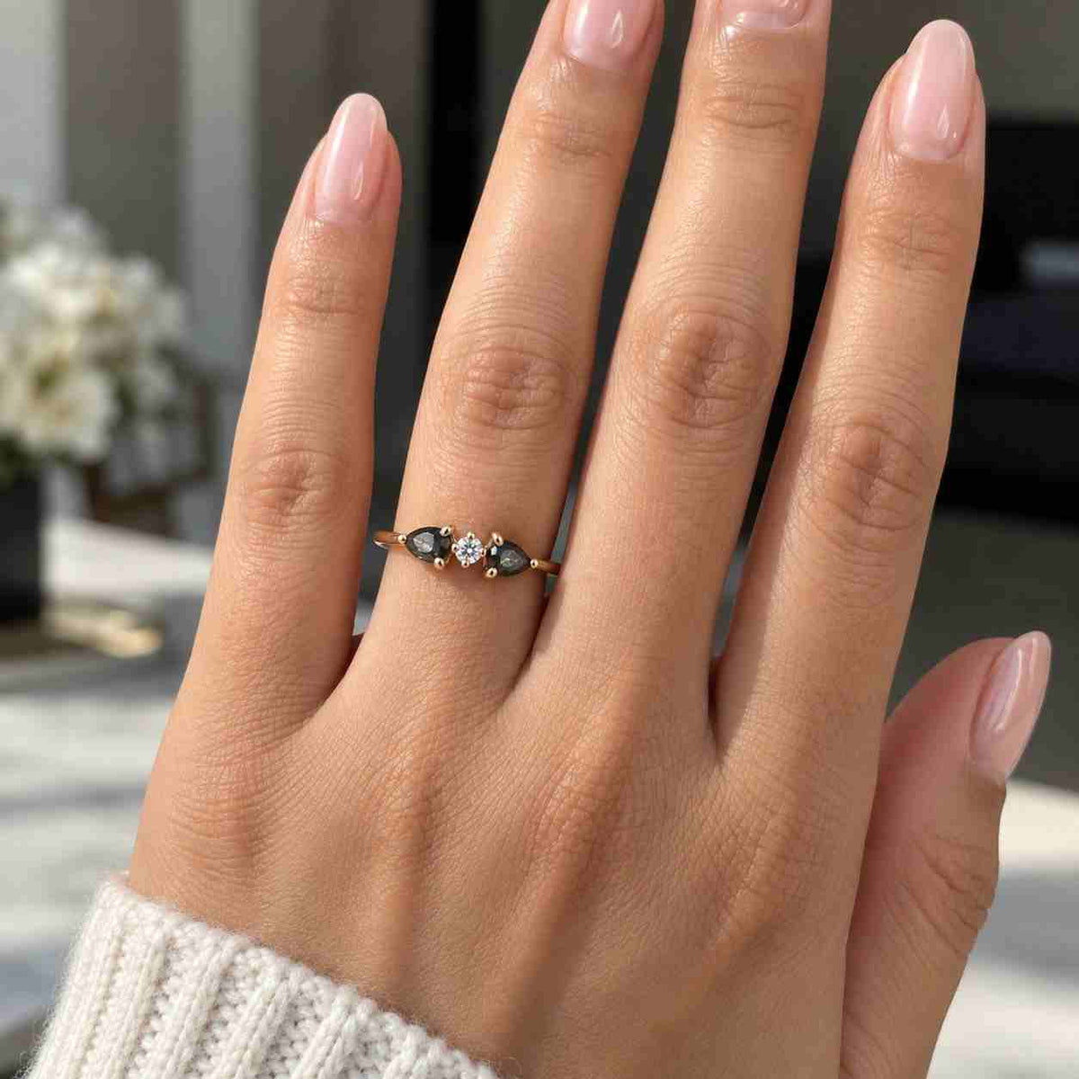 3 Stone Engagement Ring with Side Pear Cut Diamond, Lab Grown Diamond Wedding Ring, Comfort Fit Low Setting Ring