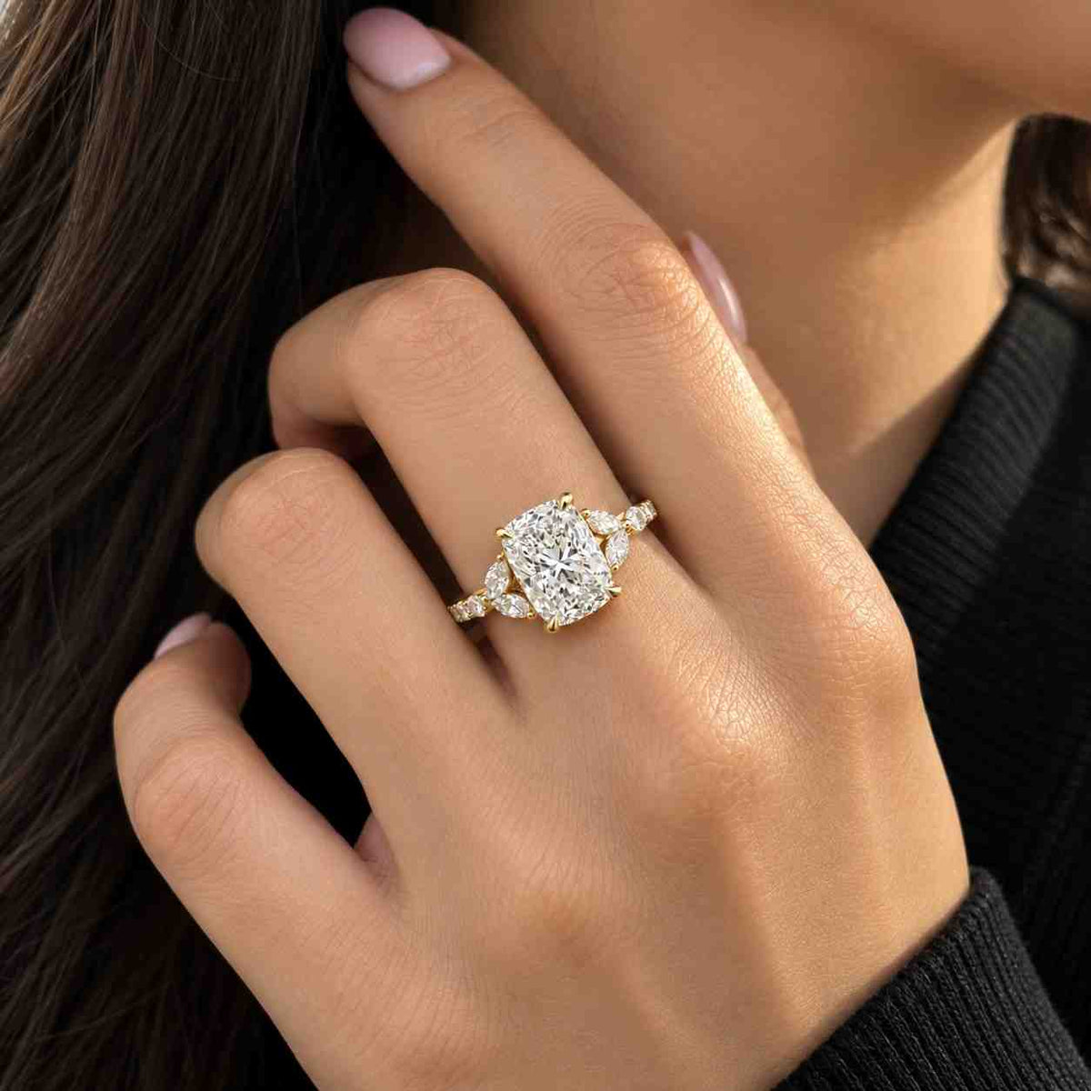 3 carat Cushion Cut Baguette Diamond Engagement Ring, 3 Stone Platinum Anniversary Ring
