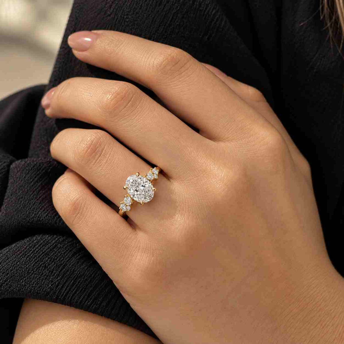 3 carat three stone oval moissanite engagement ring, two tone 14k yellow gold sidestones 2 marquise cut wedding ring, large trilogy set ring
