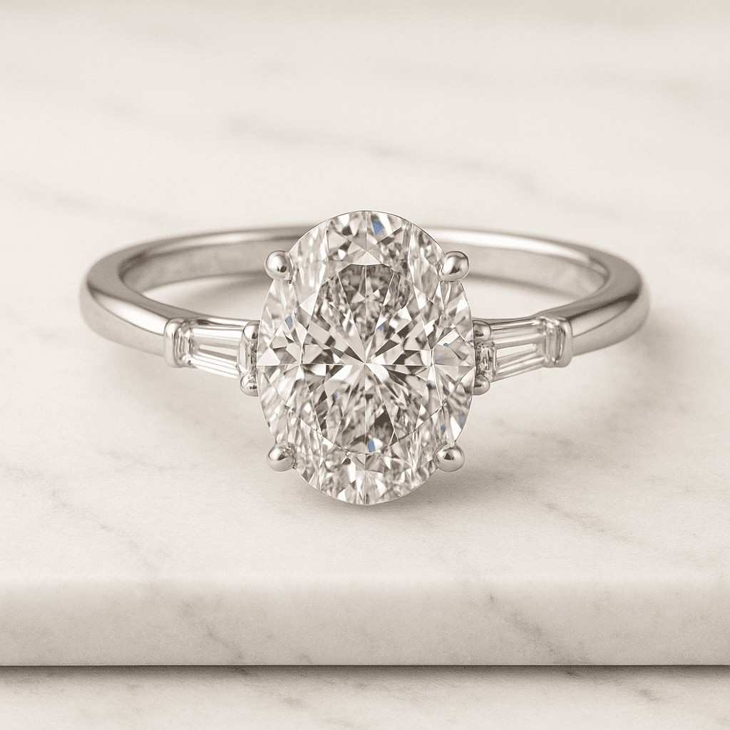 3 stone oval diamond ring, 1 carat oval lab grown diamond & 0.80 carat 2 side lab diamond 1418k igi certified