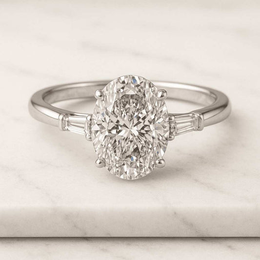 3 stone oval diamond ring, 1 carat oval lab grown diamond & 0.80 carat 2 side lab diamond 1418K IGI CERTIFIED