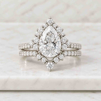 3pcs Pear Cut Moissanite Engagement Ring Set Pear Shaped Wedding Ring Set Infinity Diamond Rose Gold Cluster Bridal Set Tear Drop Halo Ring
