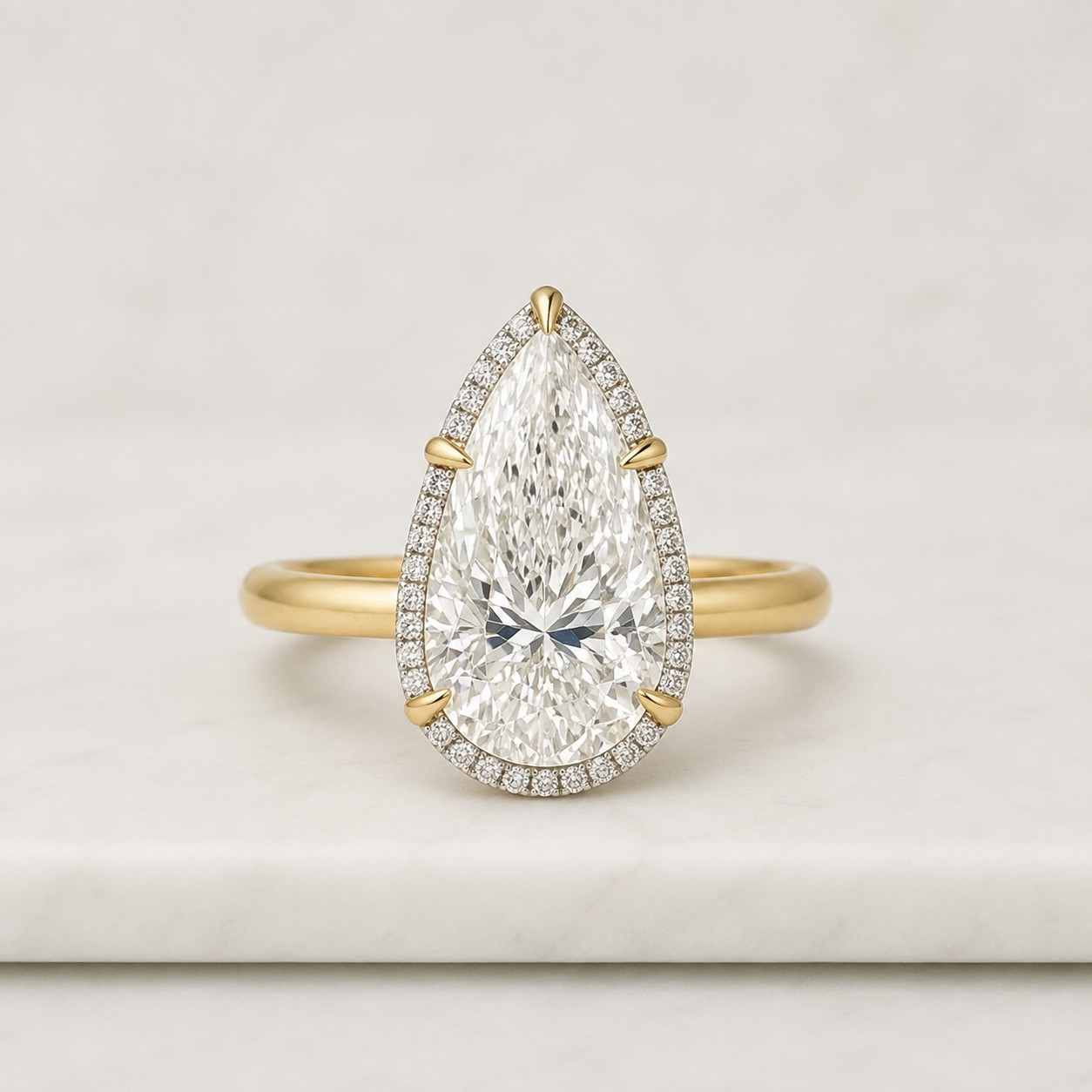 4.00ct pear cut lab grown diamond or moissanite solitaire engagement ring, hidden-halo & pave eternity-band