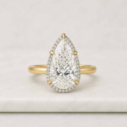 4.00Ct Pear Cut Lab Grown Diamond or Moissanite Solitaire Engagement Ring, Hidden-Halo & Pave Eternity-Band