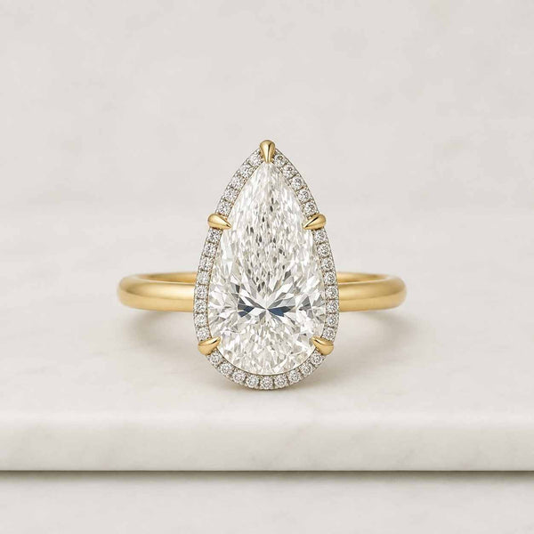 4.00Ct Pear Cut Lab Grown Diamond or Moissanite Solitaire Engagement Ring, Hidden-Halo & Pave Eternity-Band