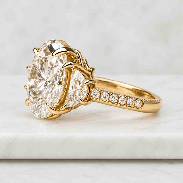 4.00 TCW Oval Cut Lab Grown Diamond Three Stone Ring Half Moon Side Stone Diamond Ring Bridal Wedding Ring Promise Ring Gift For Wife