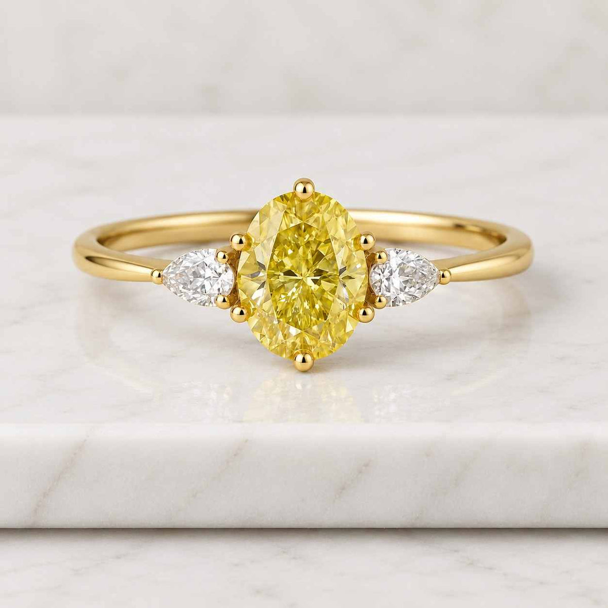 4.10 carat fancy vivid yellow vvs2 clarity igi certified oval cut lab grown diamond three stone engagement ring side pears 14k white gold