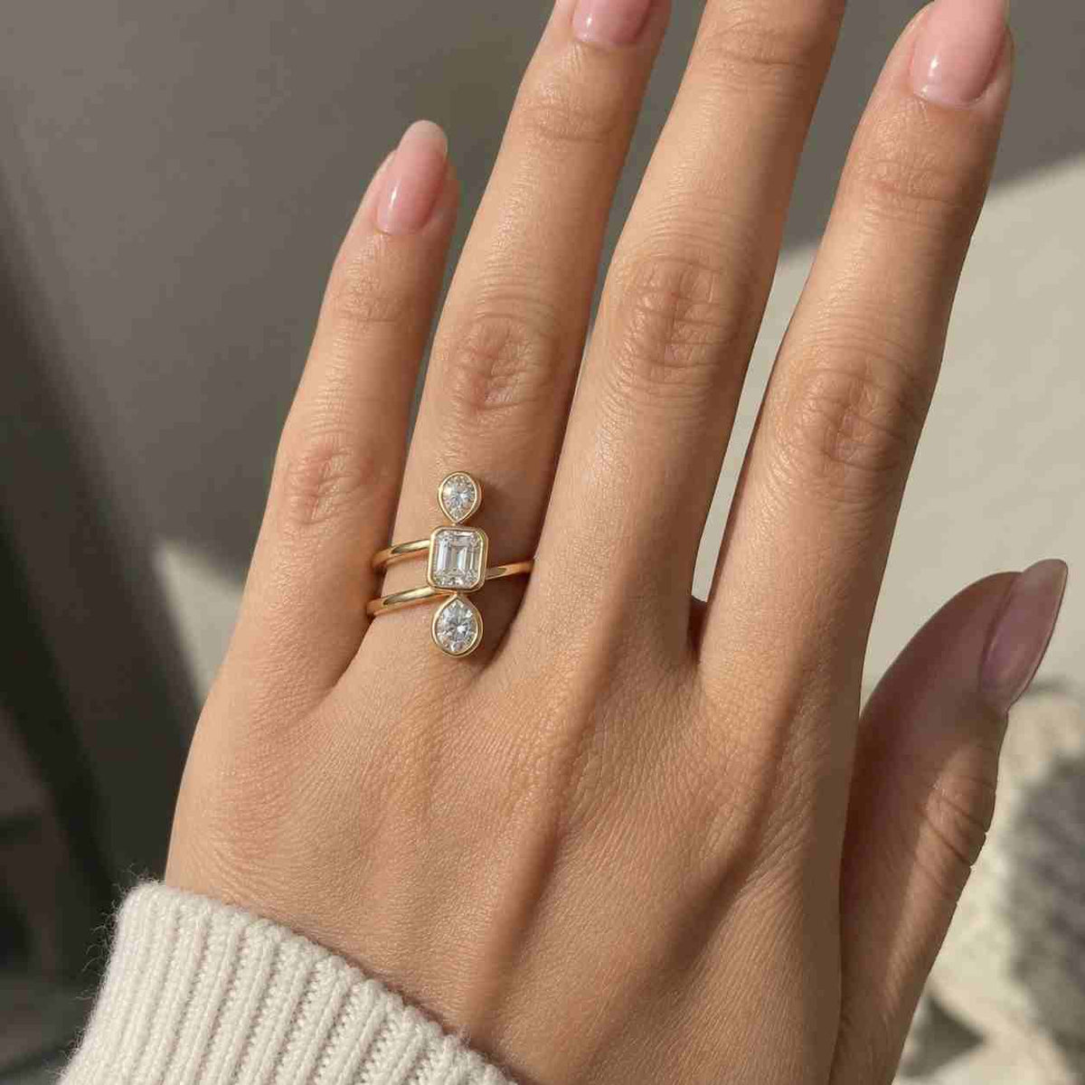4.5CT Pear and Emerald Cut Lab Diamond Engagement Ring in 14k/18k Gold, Toi et Moi ring 