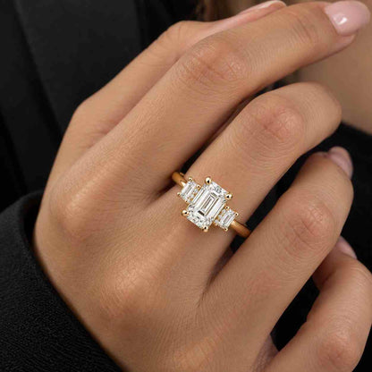 4.80CTW Emerald Cut Three Stone Engagement Ring, IGI Certified Lab Grown Diamond, Trapezoid Side Stones, 14K Solid Gold Bridal Ring.