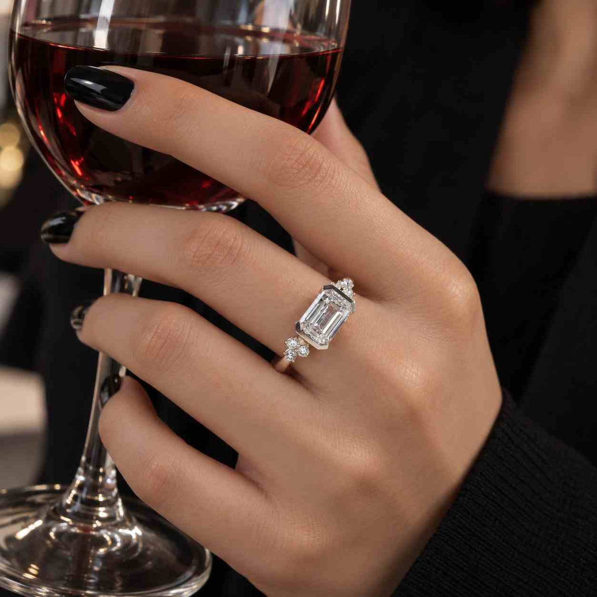 4.83 carat emerald cut lab diamond trilogy ring: gold plated 925 silver
