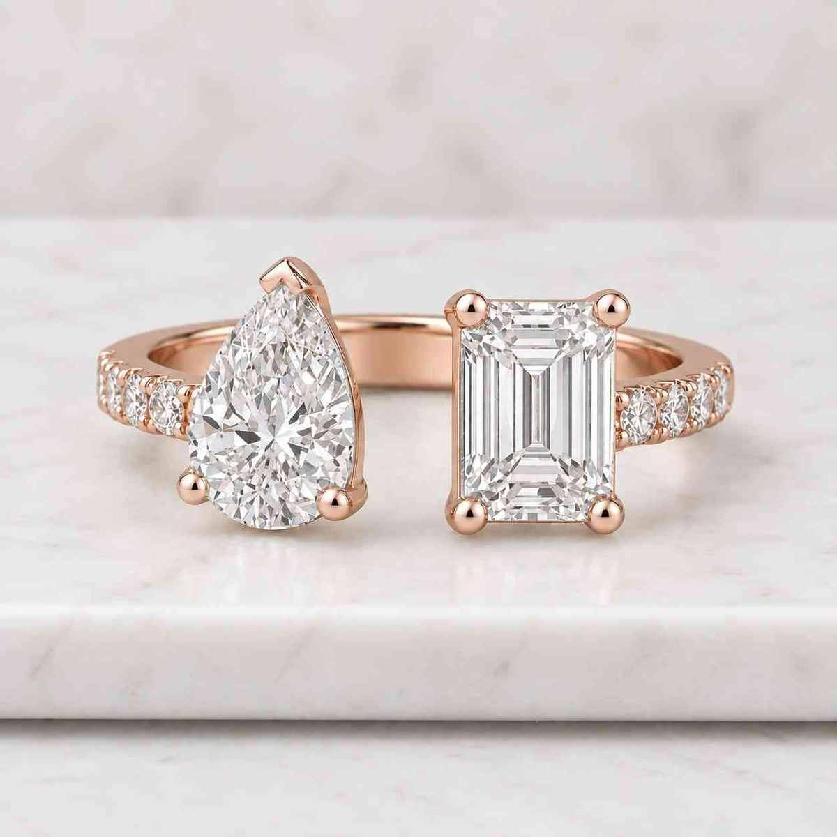 4ct lab grown diamond toi et moi ring: pear & emerald cut, 14k yellow gold