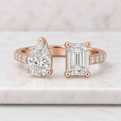 4CT Lab Grown Diamond Toi Et Moi Ring: Pear & Emerald Cut, 14k Yellow Gold